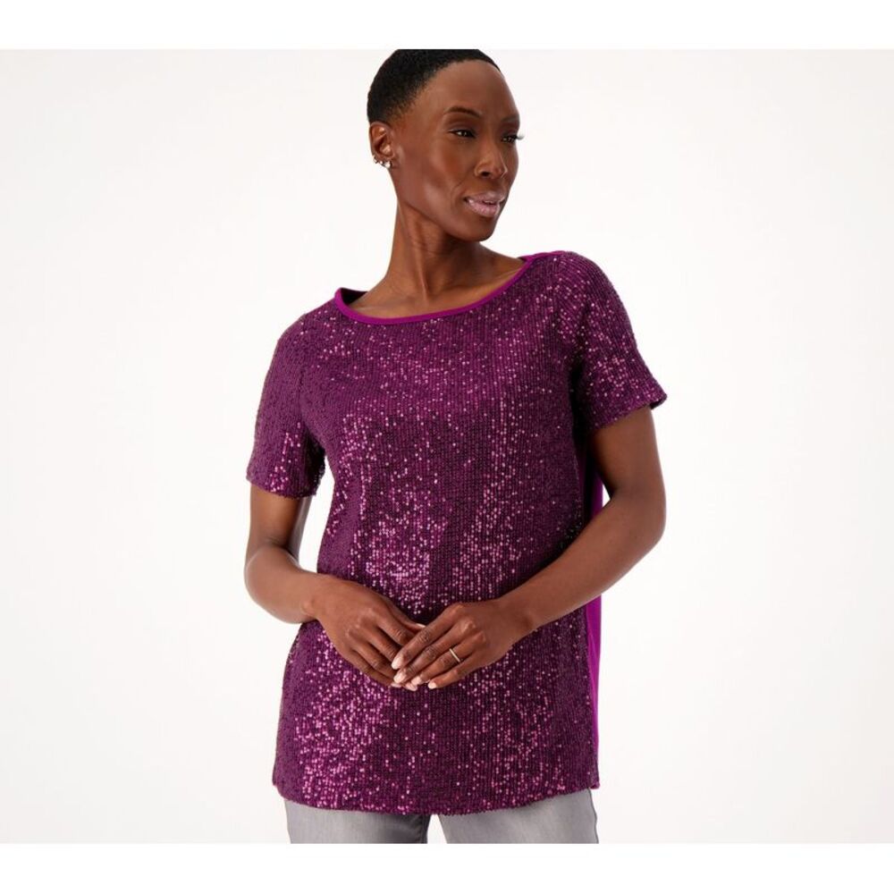 Belle by Kim Gravel Women's Top Sz S Sequin Front Knit Back Purple A555487
